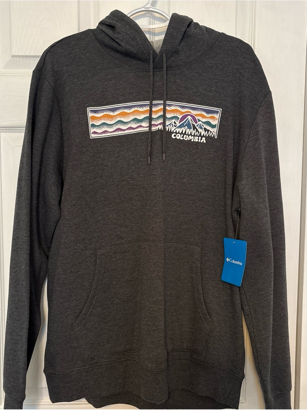 Columbia Men’s Dark Gray Zip-Up Hoodie with Multicolor Mountain Stripe